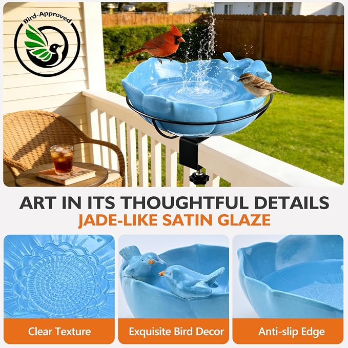 Glazed Ceramic Bird Bath for Deck Railing, 11 Inch Outdoor Deck Mounted Bird Baths Feeder Bowl with Adjustable Clamp, Easy Install Balcony Patio Birdbath for Outside Backyard Decoration, Blue