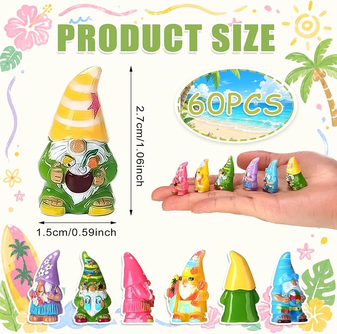 Yaomiao 60 Pcs Mini Hawaii Gnome Figurines Summer Tiny Resin Statues Starfish Plumeria Gnomes Figures Resin Gnome Decorations for Beach Hawaiian Party Favor Gift Tiered Tray Decor