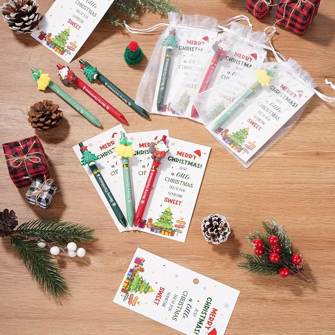 Marspark 30 Set Christmas Gifts Bulk Christmas Ballpoint Pens and Greeting Cards Set with Bag Twist Ties for Employee Coworker Teacher Student School Office Home Party Favor