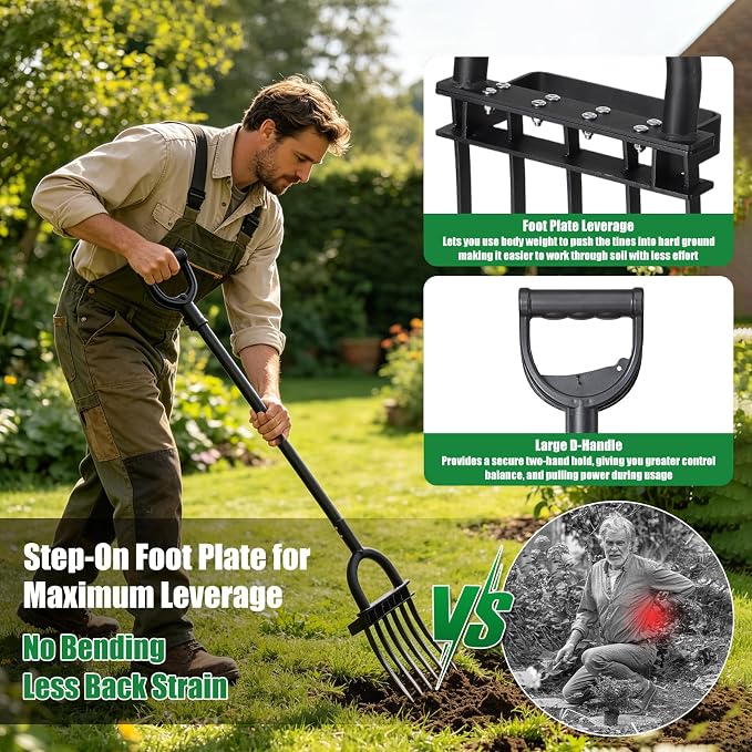 5-Tine Heavy Duty Garden Fork, 69" Metal Pitch Fork with Ergonomic D-Grip Handle for Digging, Weeding, Soil Loosening, Composting