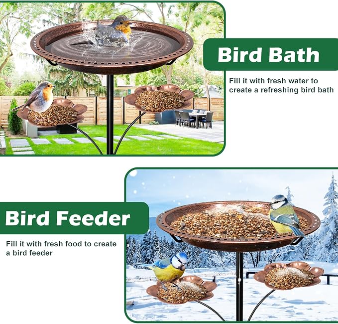 37In Metal Bird Bath for Outside, Vintage Standing Birdbaths with 2 Detachable Flower Feeders, Large Bird Bath Bowl Bird Feeder for Garden Patio Yard,Upgraded 5-Pronged Base (Antique Bronze)