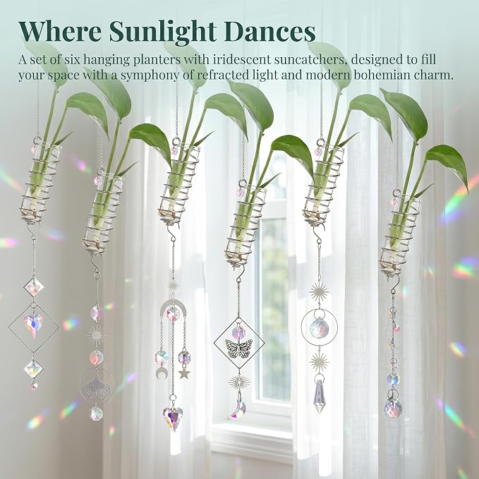 6Pcs Wall Hanging Glass Propagation Station with Crystal Planter Suncatcher | Hanging Propagation Vases for Wall Indoor Plants Hydroponics Mini Test Tube Flower Vase with Metal Chain for Home Decor