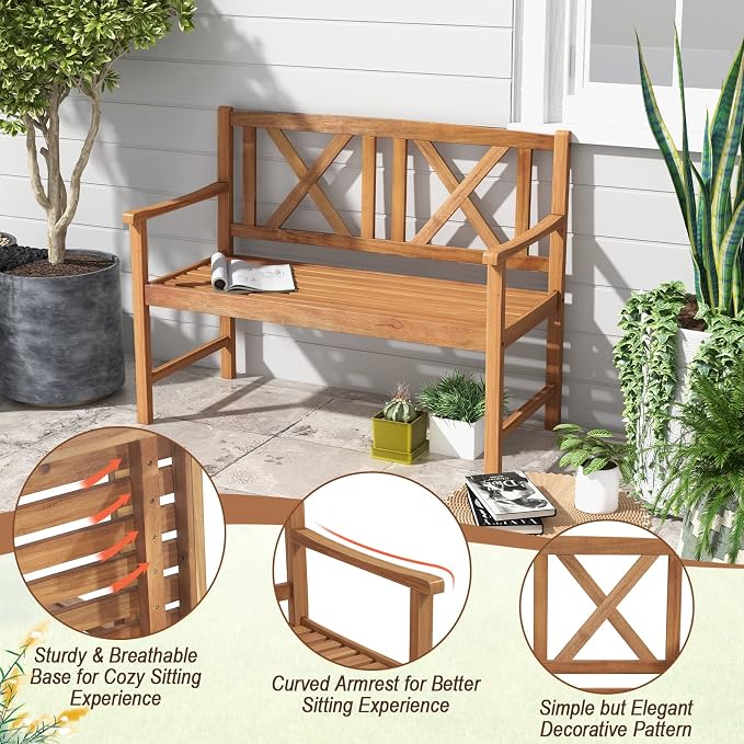Giantex Patio Garden Bench Loveseat - 2-Person Acacia Wood Bench with Armrest, Backrest, Sturdy Frame, 800lbs Capacity, Outside Park Bench for Patio, Yard, Front Porch, Outdoor Garden Bench, Natural