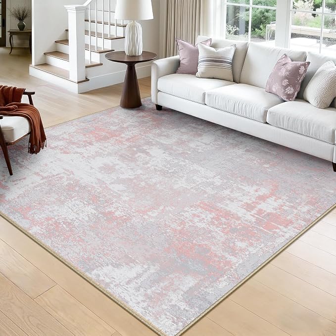 RELEANY Washable Square 8'x8' Area Rug for Living Room Gray Pink | Carpet for Bedroom, Kitchen, Office, Hallway and Entryway, Printed Pattern, Non‑Slip, Soft, Stain‑Resistant, Easy to Clean