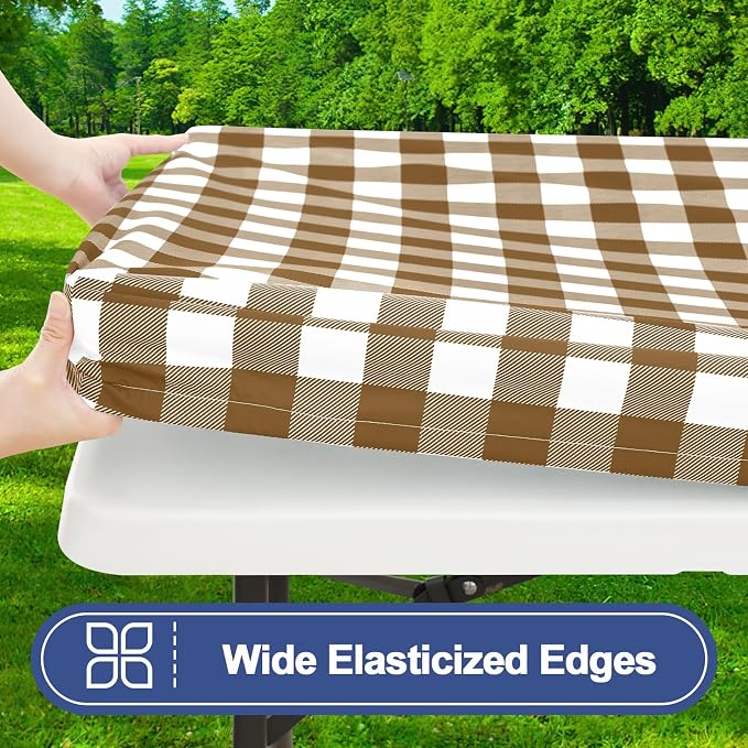 Smiry Picnic Table Cover with Bench Covers, Waterproof Elastic Fitted Tablecloths for 8 Foot Rectangle Tables, Washable Buffalo Plaid Tablecloth for Camping, Outdoor (Brown & White, 30"x96")