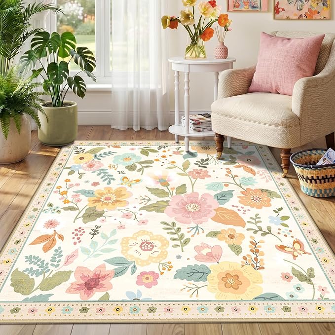 RELEANY Floral Washable Square 6ft Area Rug Beige/White/Orange | Flower Carpet, Print, Boho, Non-Slip, Easy to Clean, Soft, Low Pile for Living Room Bedroom Kitchen Office Entryway Hallway
