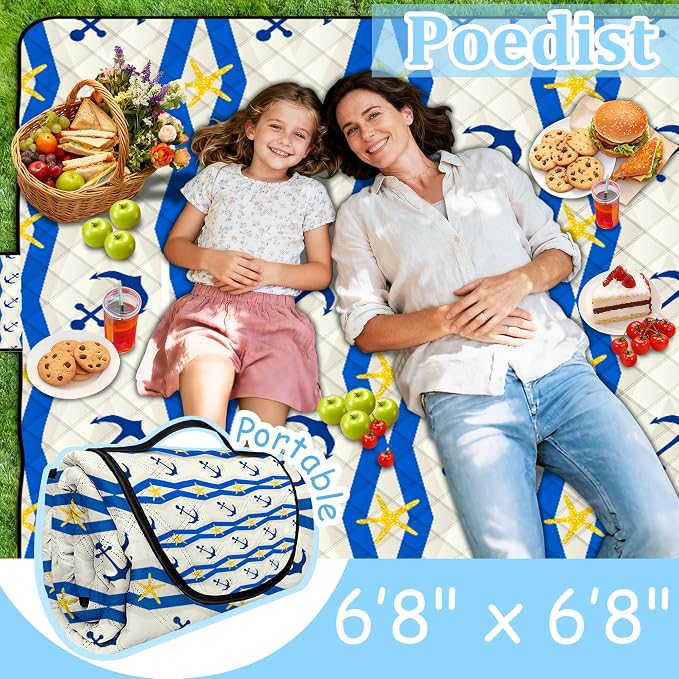 Poedist Extra Large Picnic Blanket Waterproof,80"x 80"Foldable Machine Washable Beach Blanket,Outdoor Blanket for 6-8 Adults,Suitable for Indoor Crawling,Park Beach,Camping,Hiking,Family Travel(Boat)