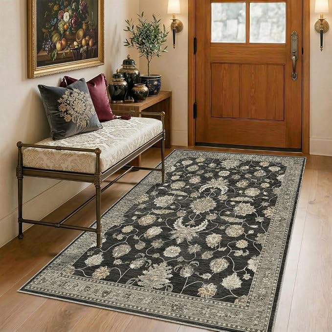 Vintage Area Rug 3x5 Ft Washable Rugs for Entryway Indoor | Non Slip Kitchen Rug Printed Faux Wool Throw Rugs, Neutral Modern Indoor Mat for Entrance Bedroom Office Home Decor