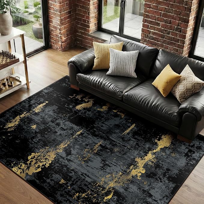 RELEANY Washable 4'x6' Abstract Area Rug for Living Room Black Gold | Carpet for Bedroom, Kitchen, Office, Hallway and Entryway, Printed Pattern, Non‑Slip, Soft, Stain‑Resistant, Easy to Clean