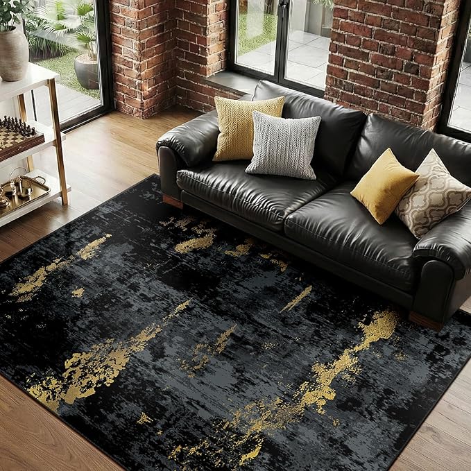 RELEANY Washable 5'x7' Abstract Area Rug for Living Room Black Gold | Carpet for Bedroom, Kitchen, Office, Hallway and Entryway, Printed Pattern, Non‑Slip, Soft, Stain‑Resistant, Easy to Clean