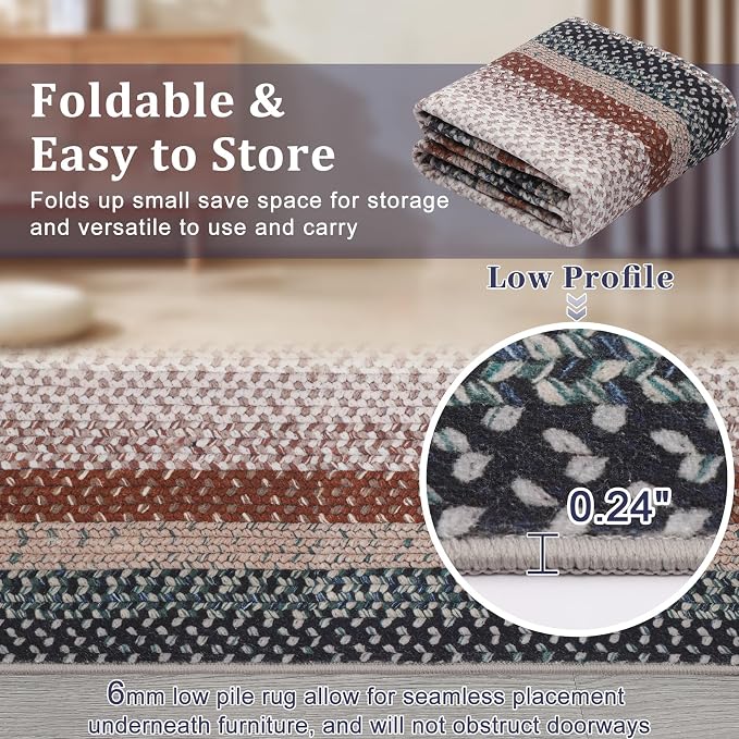 RUGSREAL Hallway Runner Rug 2x6 Braided Machine Washable Kitchen Rugs | Low Pile Farmhouse Runner Non Slip Stain Resistant Rustic Runners Modern Printed Carpet for Living Room Bedroom, Olive/Brown