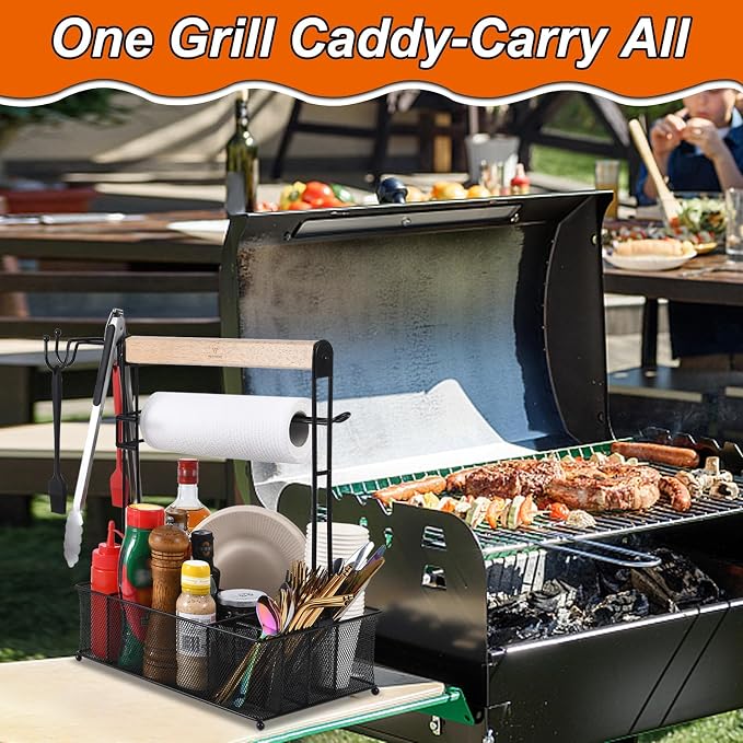 VIKEYHOME Grill Caddy, Picnic BBQ Organizer for Camping Outdoor Mesh Basket with 3 Hanging Hooks and Paper Towel Holder, Ideal Table Storage Tools for RV Camper/Tailgating/Flatware