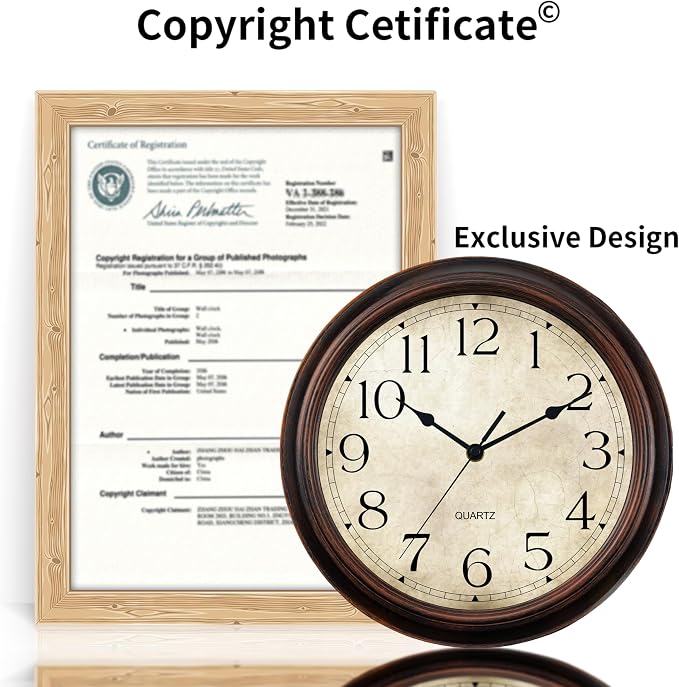 KECYET 12 Inch Wall Clocks Battery Operated Silent Non-Ticking Analog Wall Clock Vintage Retro Rustic Style Decorative for Living Room Kitchen Home Office(Bronze)