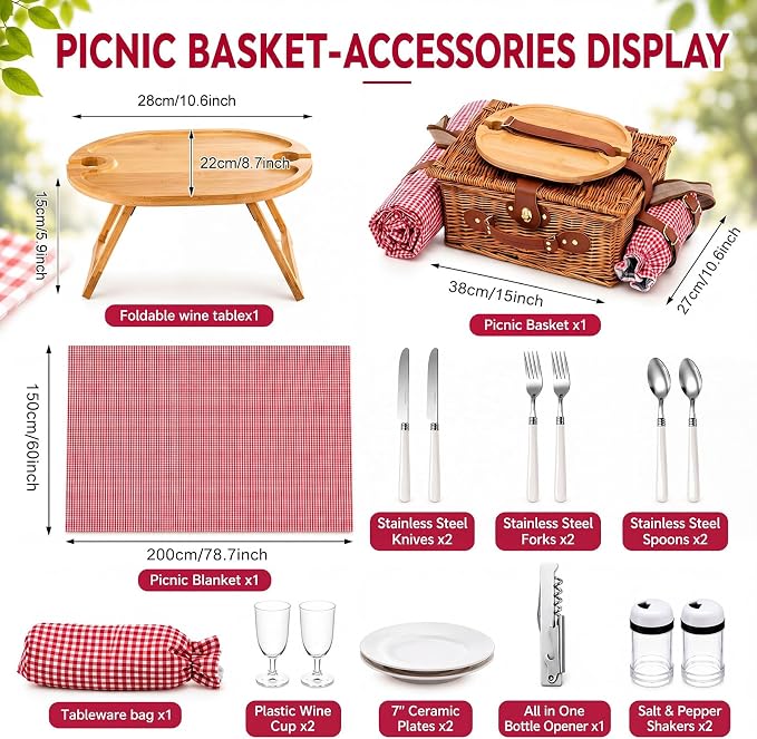 Wicker Picnic Basket Set for 2 with Foldable Table, Blanket, Insulated Liner, Large Handmade Willow Hamper Basket Sets with Cutlery Kit for Outdoor Camping Couples Wedding Bridal Shower Gift