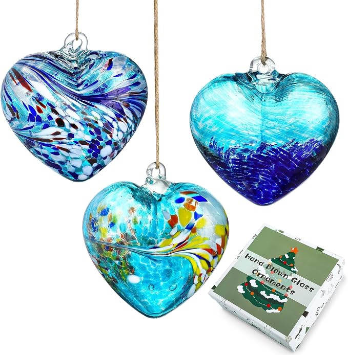 Set of 3 Handmade Glass Heart Ornament 3.9 Inch Blue Friendship Heart Balls | Hand-Blown Craftsmanship, Easy-Hang Lanyard Design for Indoor & Outdoor Hanging