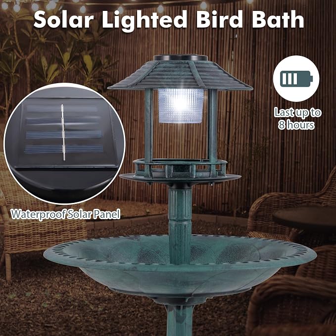 LDAILY Outdoor Bird Bath, 42’’ Solar Lighted Pedestal Birdbaths with Birds Feeder ,20’’ Water Bowl, Flower Planters and 3 Stakes, Attract Birds Antique Bird Bath for Outside Garden, Yard (Green, 42‘’)