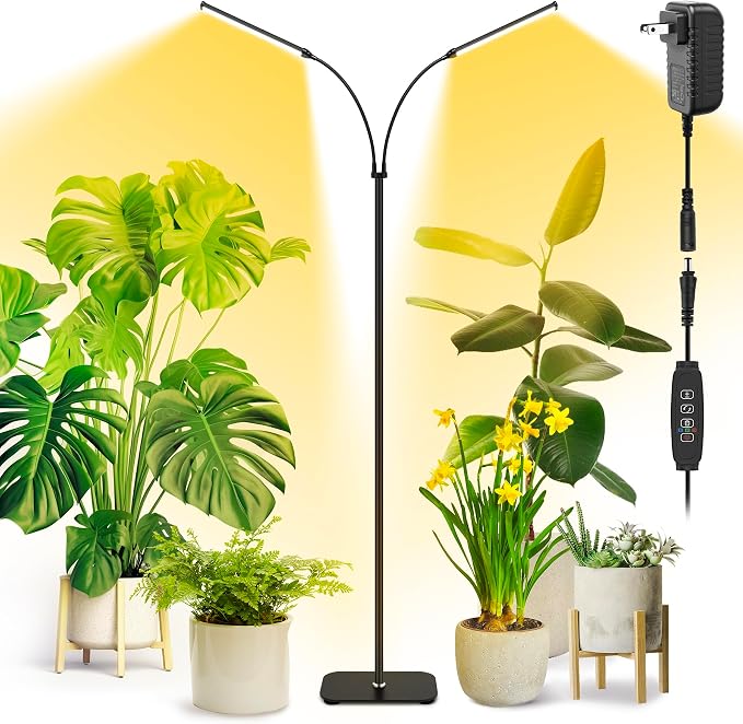 Plant Grow Light for Indoor,Full Spectrum Dual Heads Grow Light | 66.5in Extendable Stand,144 LEDs,10-Level Dimmable, Auto Timer, Adjustable Gooseneck Floor Lamp for Tall Large Plants