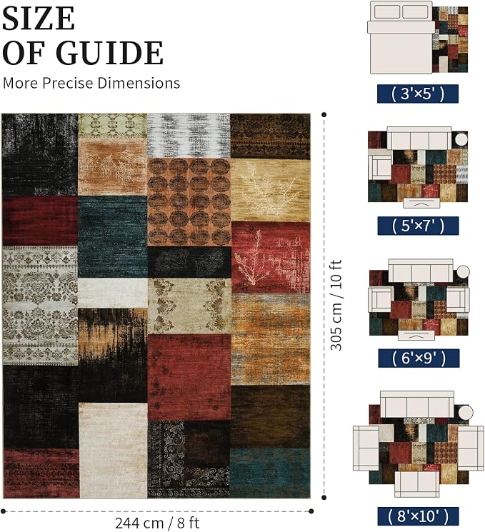 Mid Century Modern Vintage Cowboy Area Rug 8x10 for Living Room,Retro Patchwork Rug Non Slip,Red and Brown Floral Farmhouse Rugs Washable, Geometric Boho Rugs for Kitchen,Dining Room,Bedroom