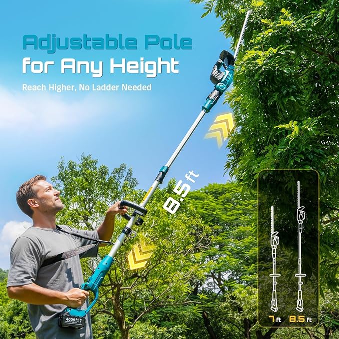 SEESII Pole & Cordless Hedge Trimmer 2-in-1: Electric Bush Trimmer with 20" Dual-Action Blade - 2 x 4000mAh Batteries, Telescopic Pole, Adjustable Rotating Head, Handheld Hedge Cutter for Tree Shrubs