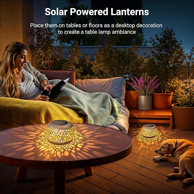 Solar Lanterns Outdoor Waterproof: 2 Pack LED Lamps for Patio - White Hollowed-Out Metal Retro Solar Light Decor Gift for Women Mom Mothers Day Yard Garden Balcony Indoor Desk Tabletop Decorations