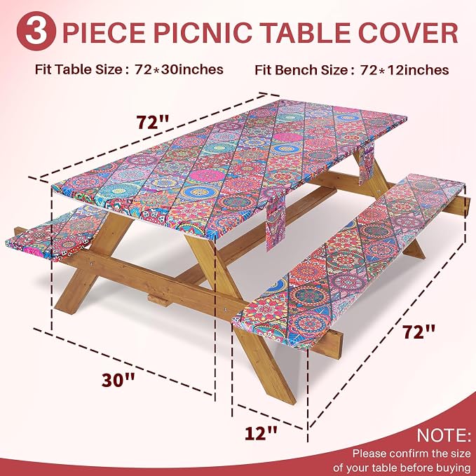 Jobunai Picnic Table Cover with Bench Covers Fitted Wrinkle Free Camping Table Cloths Hiking Glamping Supplies Travel Trailers Cooking Essential Holiday Festival Decor Gifts for Adult Who Want Nothing
