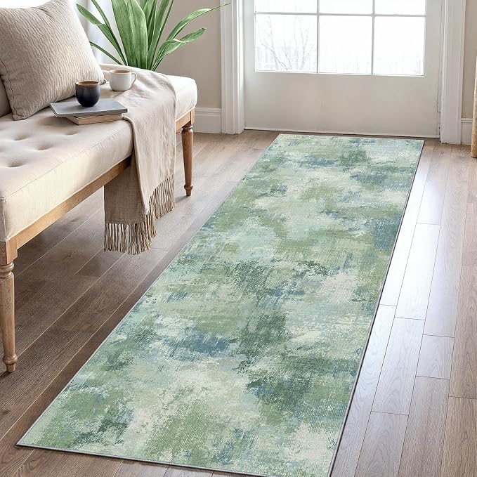 Runner Rugs for Hallway 2x5, Modern Abstract Machine Washable Runners for Kitchen Entryway Bathroom, Low Pile Lightweight Thin Non Slip Runner Rug, Green