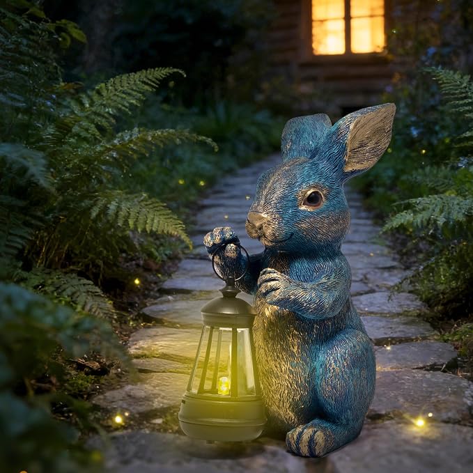 basen Outdoor Bunny Statue with LED Lantern, Battery Powered Resin Rabbit Garden Decor, Weather Resistant Lawn Yard Patio Ornament for Outdoor Indoor Spring Easter Home Decoration