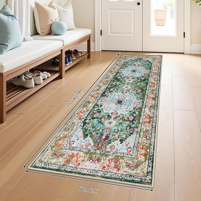 U'Artlines 2'x5' Boho Hallway Runner Rug Non Slip Washable Runners,Green | Vintage Farmhouse Kitchen Rug Accent Area Carpet for Entryway Laundry and Living Room