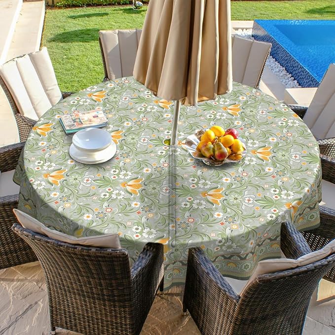 Green Outdoor Tablecloth with Umbrella Hole 60" x 60" Waterproof Zipper Table Cloth for Patio Table - Ideal Tablecloths for Picnics, Camping, and Yard Use