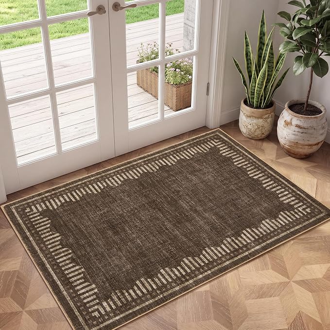 Garvee Small Area Rugs 2x3 Brown Washable Entryway Scalloped Throw Carpet | Non Slip Solid Color Low Pile Living Room Bedroom Rugs Pet Friendly Modern Geometric Kitchen Front Door Nursery Doot Mat