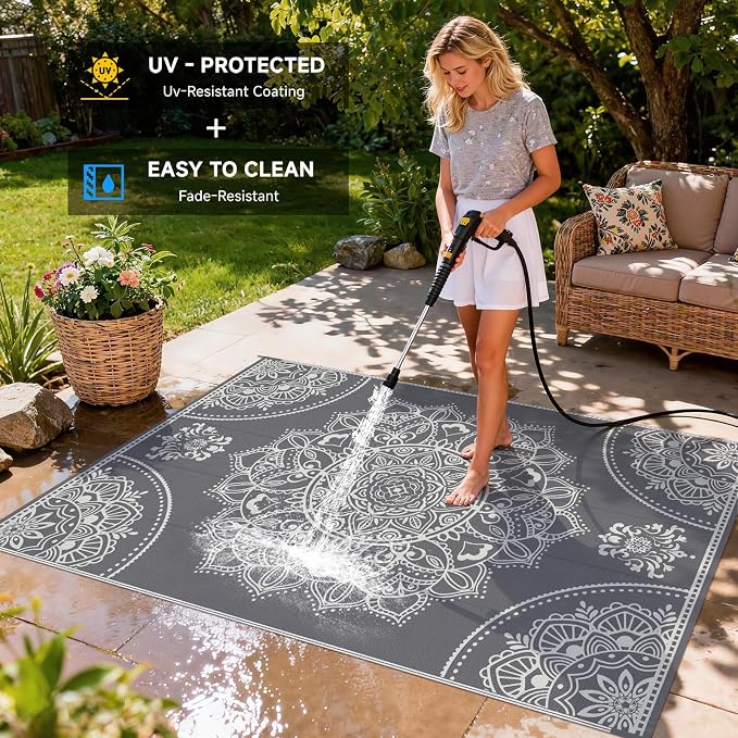 Pauwer Waterproof Outdoor Rug 6x9, Reversible Plastic Straw Patio Camping Rug, Indoor Outdoor RV Mat Carpet for Deck, Camper, Porch, Balcony, Backyard, Picnic, Floral Grey