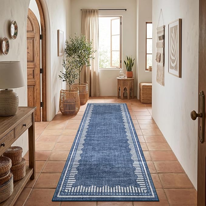 Garvee 2x8 Runner Rug Hallway Kitchen Washable Neutral Solid Blue Runners | Low Pile Stain Resistant Modern Geometric Living Room Bedroom Long Runner Throw Carpet Scalloped Nuesery Entry Area Rugs