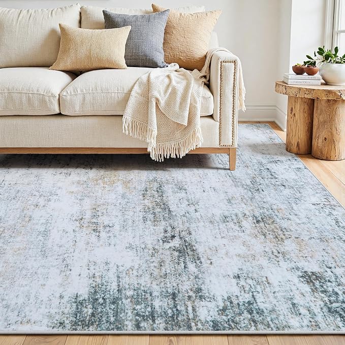 9x12 Washable Area Rug for Living Room Bedroom: Non-Slip Modern Blue Grey | Machine Washable TPR Backing, Stain-Resistant Low Pile, Pet & Kid Friendly, Abstract Decor for Dining Room, Dorm, Home Office
