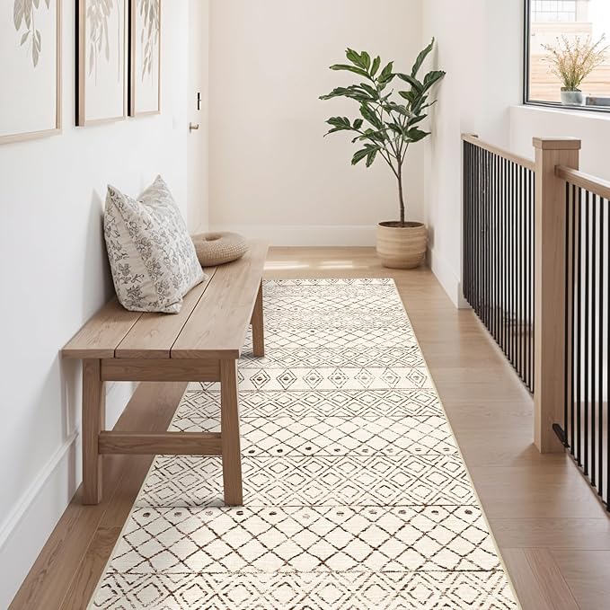 2'6"x8' Washable Hallway Runner Rug: Moroccan Kitchen Non Slip Rug Beige | Low Pile Geometric Floor Carpet with Rubber Backing Vintage Indoor Mats for Living Room Bedroom Laundry