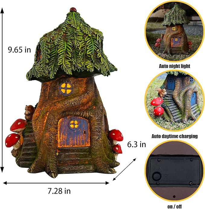 COWOS Solar Light Fairy Tree House, Fairy Garden House Statues, Tree House Figurines with Solar Light for Indoor Outdoor Art Decorations, Patio Yard Lawn Ornaments Gift