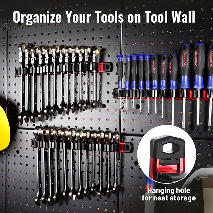 WORKPRO Magnetic Screwdriver and Wrench Organizer Set, 24-Slot Tool Holders | 2-Pack Aluminum Rails, Magnetic Force, Flexible High-Tension Tool Clips, For Tool Box Drawer & Wall-Mount Storage