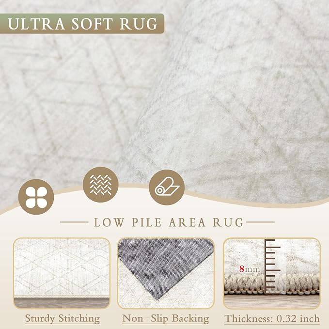 Area Rugs 6x9 Living Room Rug: Washable Geometric Moroccan Neutral Rugs Boho Modern Non Slip Area Rug Soft Indoor Floor Low Pile Carpet for Bedroom Nursery Dining Room Home Office (Beige, 6'x9')