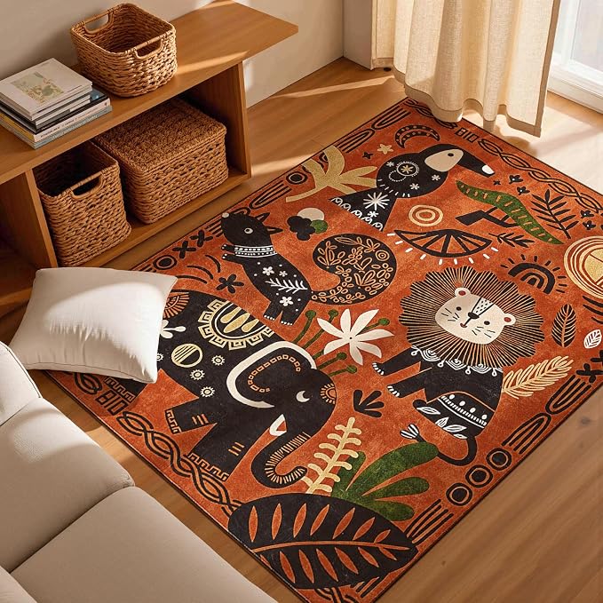 jinchan 5x7 Cute Area Rug Kids Washable Fun Rug Terracotta Boho Jungle Mat | Soft, Cozy, Non-Slip, Kid-Friendly, Safari, Lightweight, Entryway, Kitchen, Dorm, Bedroom, Living Room, Playroom, Nursery