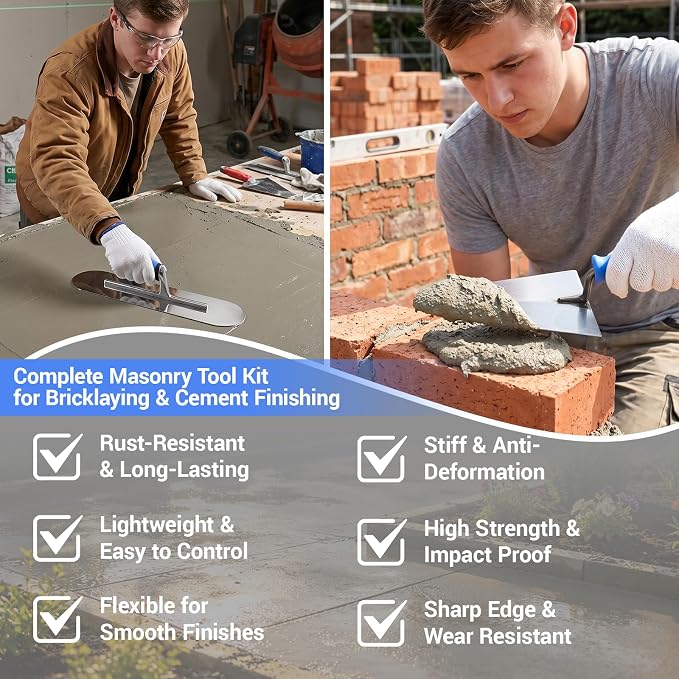 10PCS Concrete Trowel Set, Masonry Hand Tool Kit Includes Finishing Trowel, Pool Trowel, Wood Float, Edger, Groover, Margin Trowel, Wire Twister, Gloves & Carry Bag for Stucco and Cement Work