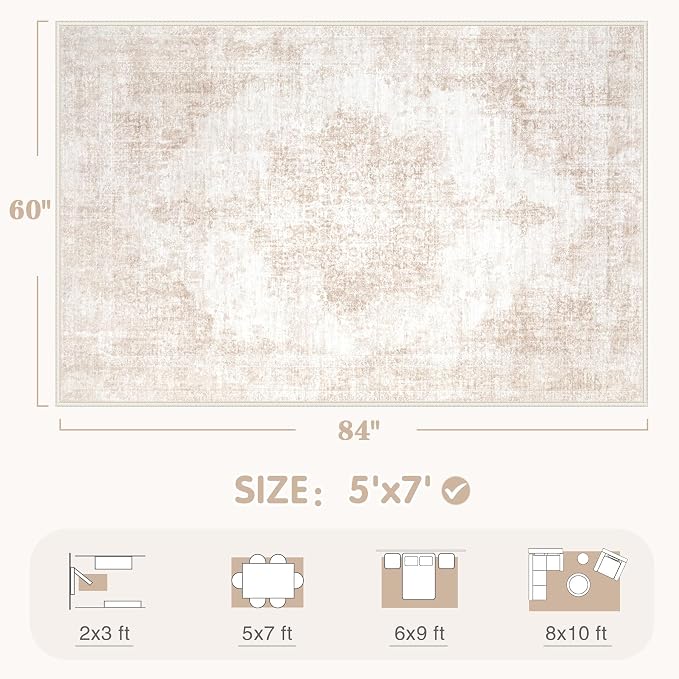 Area Rug 5x7 Vintage Rugs: Washable Living Room Rug Retro Medallion Distressed Large Rug Soft Low Pile Non-Slip Rugs Indoor Floor Carpet for Bedroom Kitchen Nursery Dining Table Office (Beige/Brown)