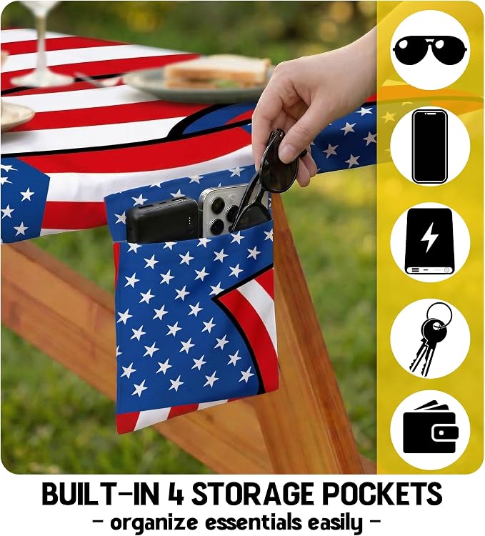 Picnic Table Cover with Bench Covers Waterproof Rectangle Tablecloth Camping Essentials Supplies Rv Travel Must Haves Gear Accessories Fitted Table Cloth Outdoor Road Trip Camper Gifts American Flag