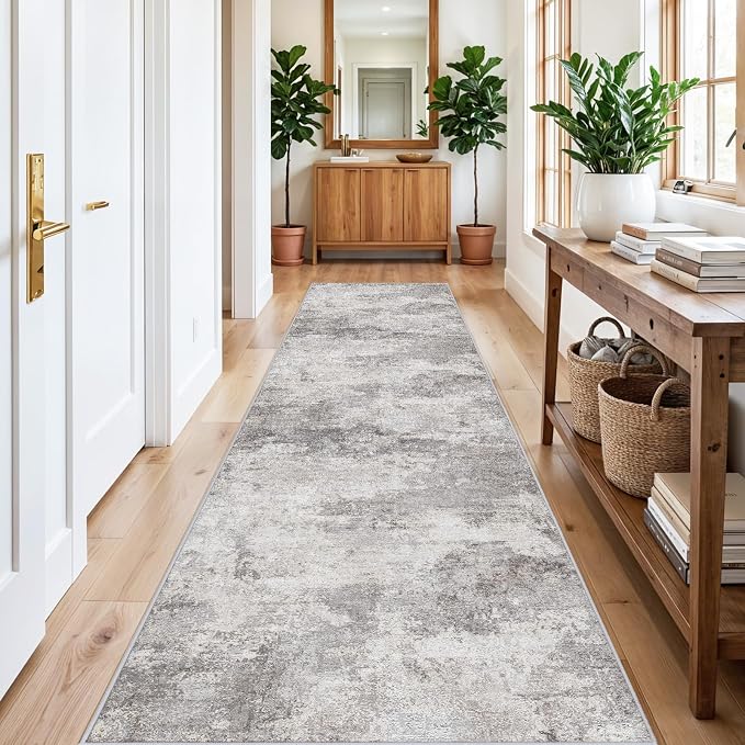 Washable 3x12 Hallway Runner Rug: Washable Non Slip Carpet Grey | Long Entryways Kitchen Living Room - Abstract Modern Neutral Thin Low Pile Runners 3x12 Grey