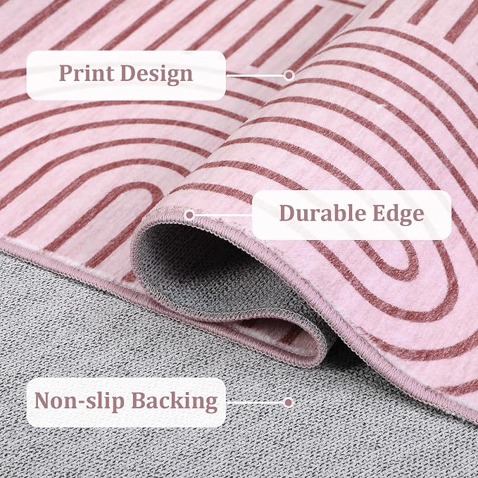 ROYHOME Modern 2x6 Hallway Runner Rug Non Slip Washable Kitchen Rug, Pink | Abstract Bath Mat, Rainbow Geometric Runners Rugs for Bedroom, Soft Long Rugs for Entryway Arch Pattern Bathroom Laundry Dorm