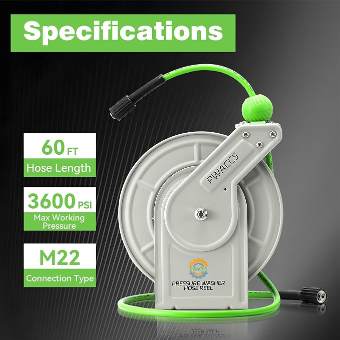 PWACCS Retractable Pressure Washer Hose Reel, 1/4" x 60ft Heavy Duty Power Washer Hose Reel, High Pressure Reel Auto Rewind, Wall/Floor Mounted, 3600 PSI