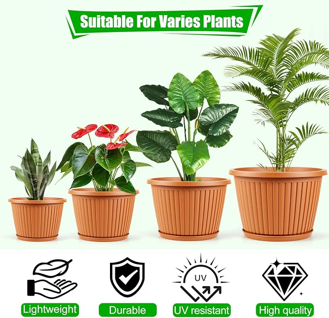 Large-Planter-Indoor-Outdoor Plant Pots, 16 inch 4 Pack Plastic Flower Pots with Saucer And Drainage Holes, Modern Garden Planters For Planting Medium Large Plants, Decorative Resin Garden Pots
