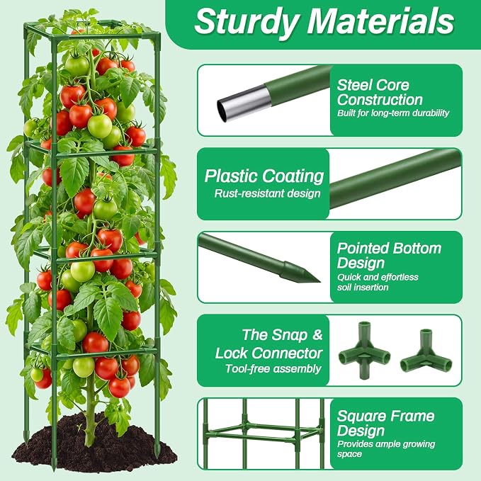 6 Pack Square Tomato Cages for Garden, 60 Inch Adjustable Tomato Stakes, Metal Tomato Trellis, Garden Plant Support for Potted Climbing Plants, Vegetables Flowers Fruits, Raised Garden Bed