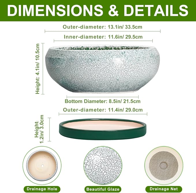 Bonsai Pots 13 Inch - Shallow Ceramic Planter with Drainage Hole and Saucer, Round Succulent Pots for Indoor Outdoor, Large Succulent Planter, Apartment Decor, Gardening Gifts, Green