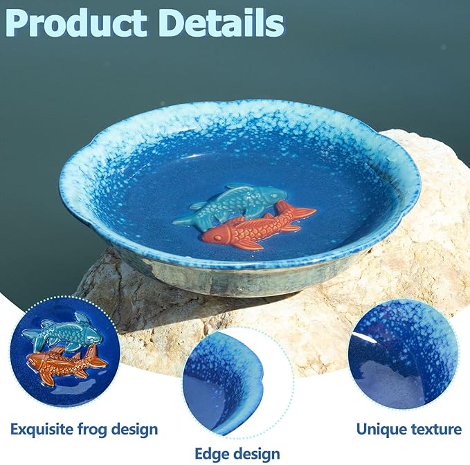 10" W Ceramic Bird Bath Bowl,Bird Bath for Outside with 2 Koi Fish Decor.