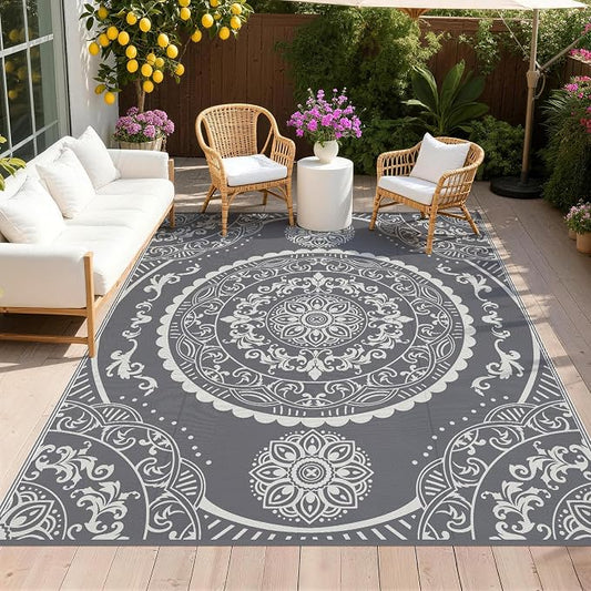 Pauwer Waterproof Outdoor Rug 8x10, Reversible Plastic Straw Patio Camping Rug, Indoor Outdoor RV Mat Carpet for Deck, Camper, Porch, Balcony, Backyard, Picnic, Paisley Grey