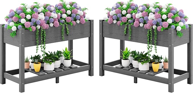 SERWALL Raised Garden Bed with Legs Set of 2, 43"×17"×30" Large HDPE Elevated Planter Box for Vegetables Flower Herb Patio, All Weather Use- Gray